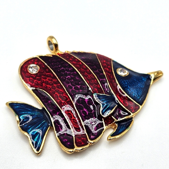 VINTAGE Colorful Sparkle Enamel Large Tropical Fish Pendant Rhinestone Accents - Picture 2 of 6